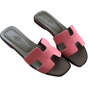 Pink Hermes Suede orange sandals
